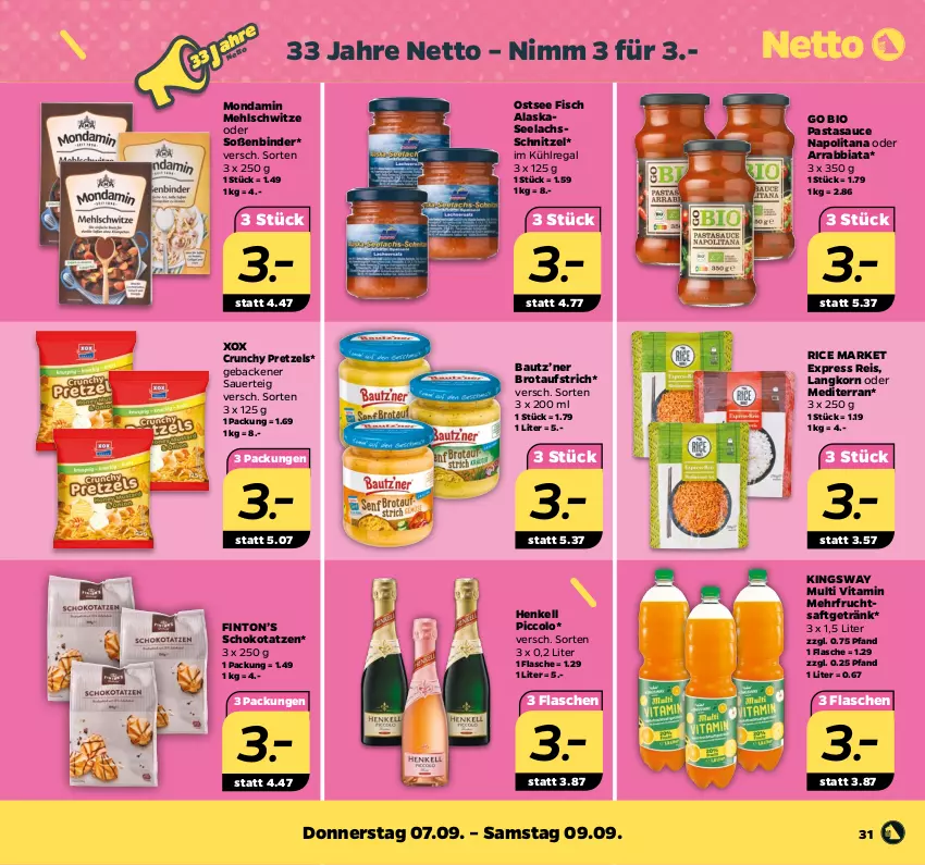 Aktueller Prospekt Netto - Woche 36 - von 04.09 bis 09.09.2023 - strona 31 - produkty: arrabbiata, auer, aufstrich, Bau, bio, brot, brotaufstrich, eis, fisch, flasche, frucht, fruchtsaft, fruchtsaftgetränk, geback, getränk, gsw, henkel, henkell, korn, kühlregal, lachs, mehl, mondamin, pasta, Pretzel, regal, reis, saft, sauce, schnitzel, schoko, Soße, Ti, vita