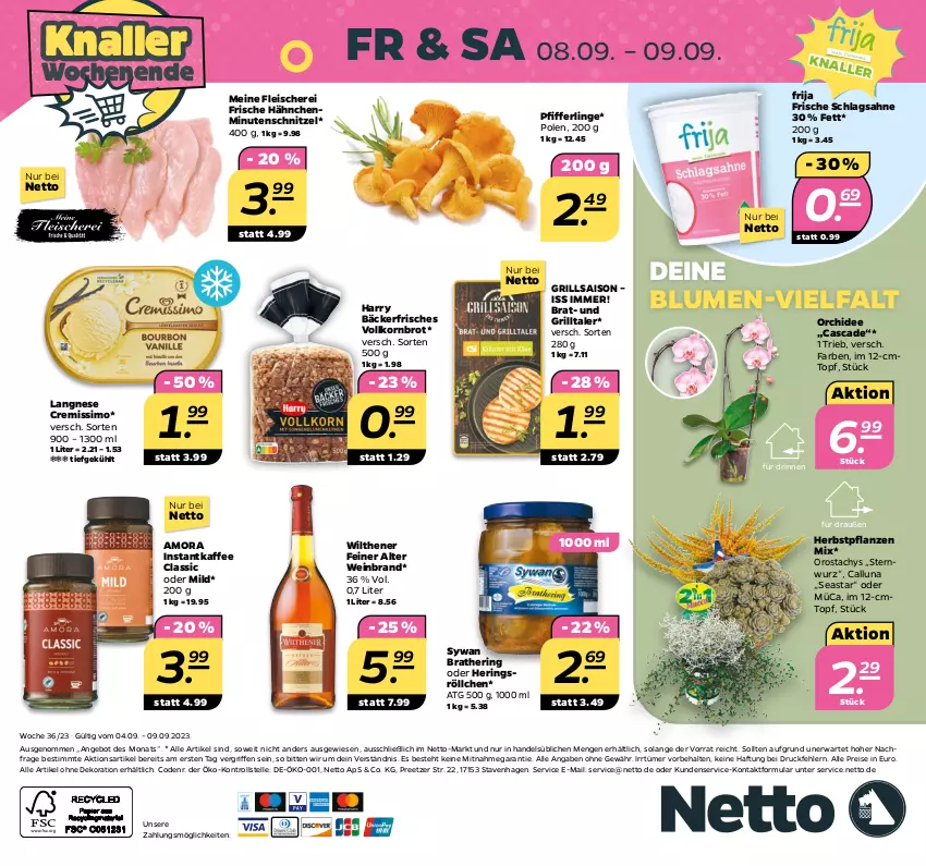 Aktueller Prospekt Netto - Woche 36 - von 04.09 bis 09.09.2023 - strona 32 - produkty: alle artikel ohne dekoration, angebot, blume, blumen, brot, cremissimo, dekoration, eis, elle, fleisch, Fleischerei, Frische Hähnchen, grill, hering, Herings, instantkaffee, kaffee, korn, Kornbrot, langnese, langnese cremissimo, minutenschnitzel, orchidee, Pfifferlinge, pflanze, pflanzen, reis, ring, sahne, Schere, schlagsahne, schnitzel, sim, Ti, topf, vollkornbrot, wein, weinbrand, wilthener