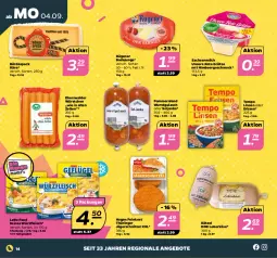 Gazetka promocyjna Netto - Woche 36 - Gazetka - ważna od 09.09 do 09.09.2023 - strona 14 - produkty: angebot, angebote, Bad, eis, erbsen, feinkost, fleisch, grütze, gulasch, himbeer, Käse, leberkäs, leberkäse, linsen, mac, milch, ring, Rote Grütze, Rügener, rügener badejunge, sac, schnitzel, Speck, Tempo, Ti, wurst, würstchen