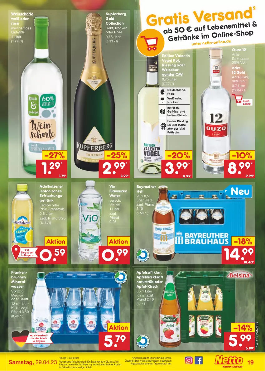 Aktueller Prospekt Netto Marken-Discount - Filial-Angebote - von 24.04 bis 29.04.2023 - strona 19 - produkty: adelholzener, Alwa, angebot, apfel, Apfeldirektsaft, apfelsaft, bestpreis, brunnen, burgunder, direktsaft, eis, elle, erfrischungsgetränk, fisch, fleisch, Geflügel, getränk, grapefruit, Holz, kirsch, lebensmittel, likör, mineralwasser, natur, ndk, ouzo, ouzo 12, reis, riesling, saft, schorle, sekt, Ti, versandkostenfrei, wasser, wein, weinschorle, Weißwein, ZTE