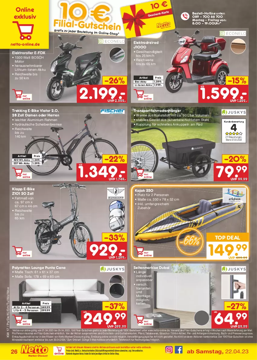 Aktueller Prospekt Netto Marken-Discount - Filial-Angebote - von 24.04 bis 29.04.2023 - strona 26 - produkty: akku, Anhänger, bosch, buch, discount, Dreirad, E-Bike, eduscho, eis, Elektro, Elektroroller, elle, Fahrrad, guthabenkarte, gutschein, Kajak, LG, marken-discount, milch, ndk, reis, Ria, Roller, Seitenmarkise, Sofa, Sport, Tchibo, telefon, Ti, tisch, uhr, Wanne