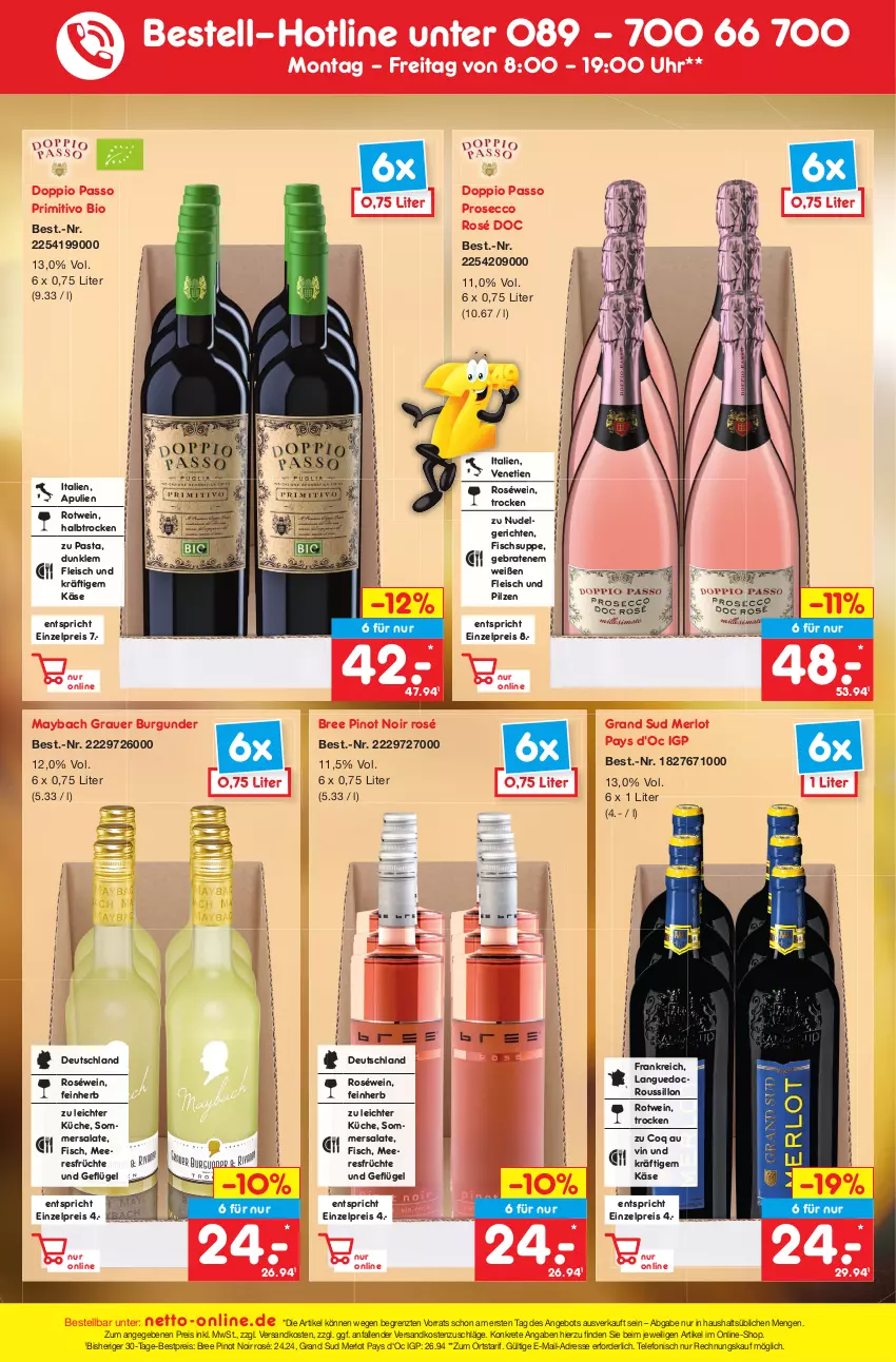 Aktueller Prospekt Netto Marken-Discount - Filial-Angebote - von 24.04 bis 29.04.2023 - strona 43 - produkty: angebot, auer, bestpreis, bio, braten, bree, burgunder, doppio passo, ecco, eis, fisch, Fischsuppe, fleisch, früchte, Geflügel, grand sud, grauer burgunder, Käse, küche, LG, mam, maybach, meeresfrüchte, merl, merlot, ndk, nudel, Nudelgericht, passo, pasta, pilze, Pinot, pinot noir, primitivo, prosecco, reis, roséwein, rotwein, salat, salate, suppe, telefon, Ti, uhr, wein, ZTE