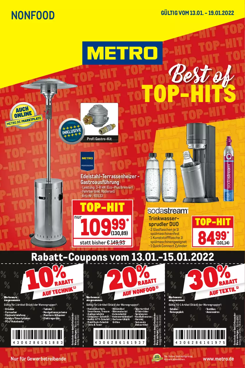 Aktueller Prospekt Metro - NonFood - von 13.01 bis 19.01.2022 - strona 1 - produkty: ACC, accessoires, auto, Autozubehör, computer, coupon, coupons, drucker, edelstahl, eis, Elektro, elektrogeräte, fernseher, flasche, Garten, glasflasche, grill, gutschein, Handy, kerze, Metro, möbel, monitor, Monitore, notebook, notebooks, pute, rabatt-coupon, reis, Ria, schuhe, smartphone, smartphones, spielwaren, Sport, spülmaschinen, tablet, Tablets, telefon, Ti, Toner, top-hit, wasser, wassersprudler, ZTE