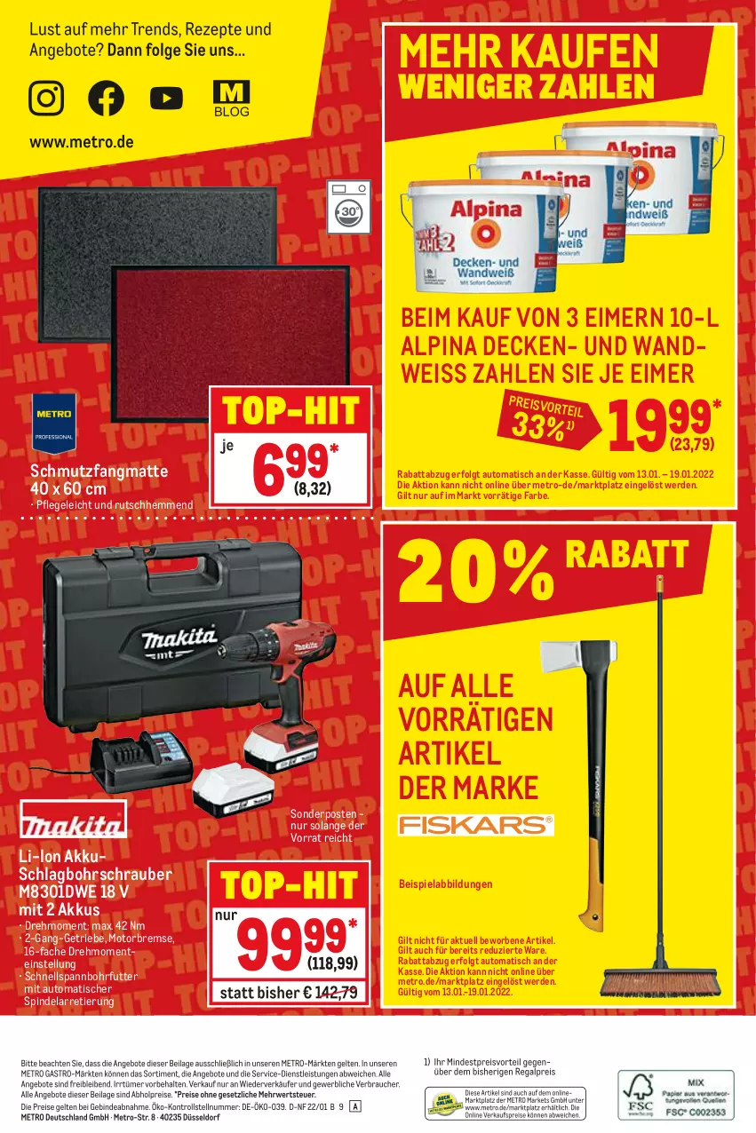 Aktueller Prospekt Metro - NonFood - von 13.01 bis 19.01.2022 - strona 12 - produkty: abholpreise, akku, alpina, angebot, angebote, auto, beispielabbildung, Bohrschrauber, decke, eimer, eis, ente, erde, ilag, LG, Metro, metro gastro, preisvorteil, Rauch, regal, reis, rezept, rezepte, rwe, schmutzfangmatte, sonderposten, Ti, tisch, top-hit