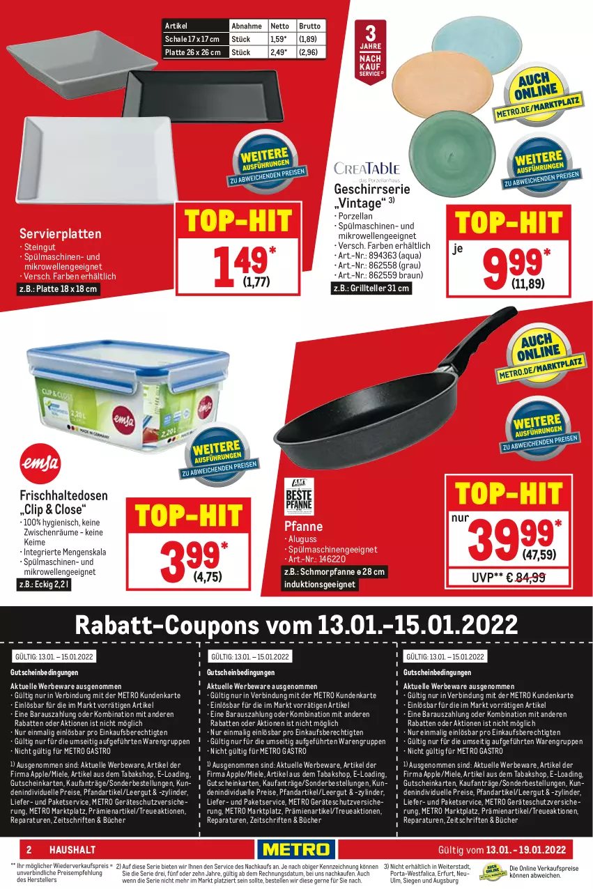 Aktueller Prospekt Metro - NonFood - von 13.01 bis 19.01.2022 - strona 2 - produkty: Apple, aqua, braun, brut, coupon, coupons, eis, elle, frischhaltedosen, geschirr, Geschirrserie, grill, Grillteller, gutschein, latte, Metro, metro gastro, miele, mikrowelle, pfanne, rabatt-coupon, reis, Schal, Schale, schmorpfanne, Servierplatten, spülmaschinen, teller, Ti, top-hit