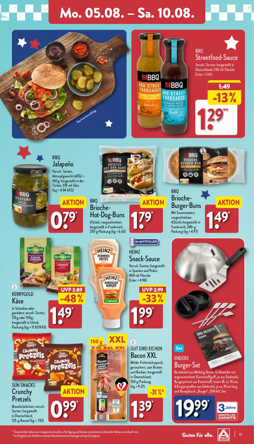 Aktueller Prospekt Aldi Nord - Von Montag - von 05.08 bis 10.08.2024 - strona 11 - produkty: bacon, beutel, braten, brezel, buch, burger, edelstahl, eis, elle, enders, flasche, Frühstücksspeck, grill, heinz, jalapeño, Käse, kerrygold, Pretzel, reis, rezept, sauce, schnitten, sesam, snack, snacks, Speck, Sun Snacks, teller, Ti, ZTE