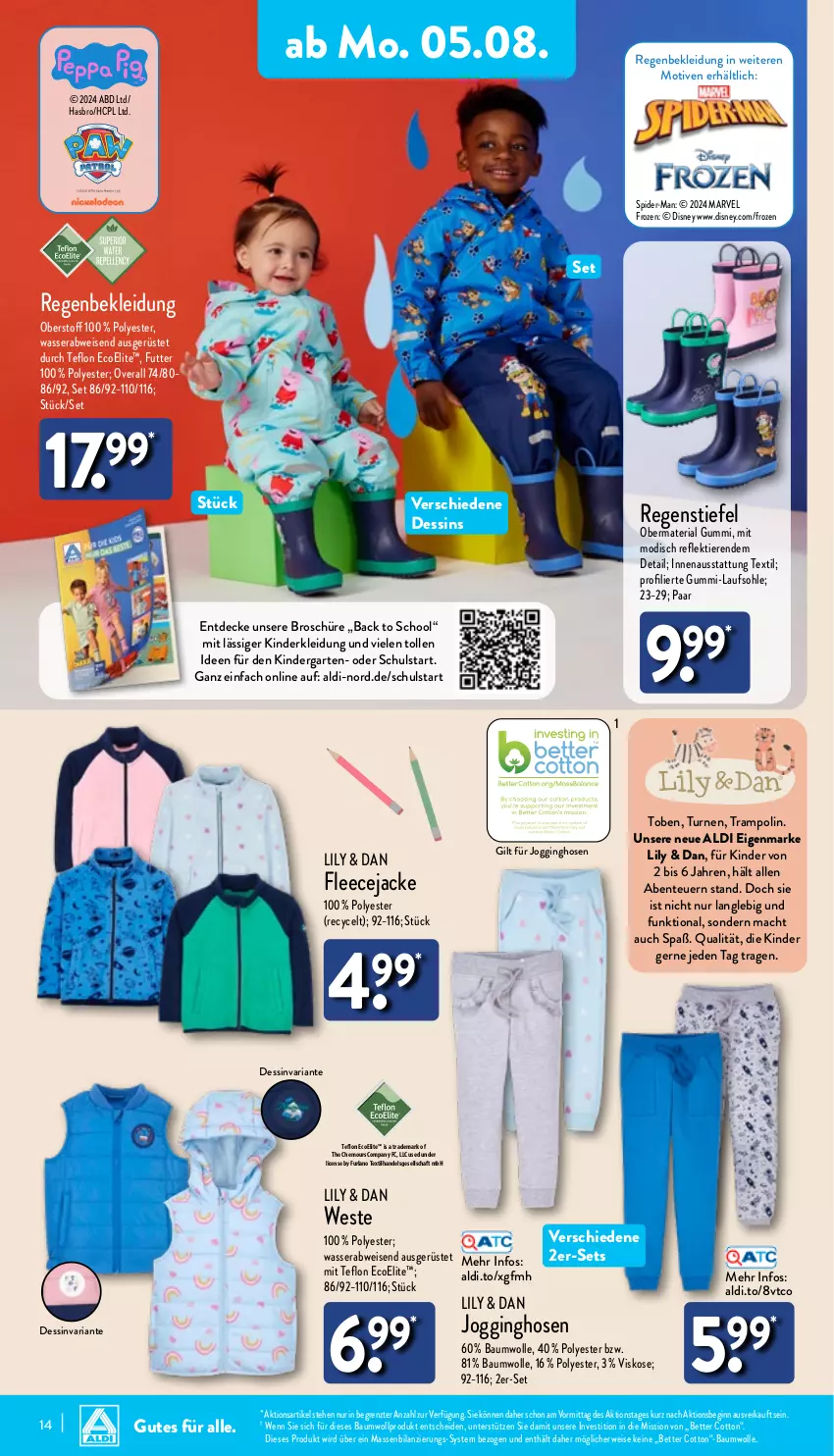 Aktueller Prospekt Aldi Nord - Von Montag - von 05.08 bis 10.08.2024 - strona 14 - produkty: aldi, Bau, baumwolle, bett, decke, disney, eis, ente, Fleecejacke, Garten, gin, Hasbro, hose, hosen, Jacke, Jogginghose, Jogginghosen, Kinder, kleid, Kleidung, mac, Overall, Ria, rwe, spider-man, Ti, Tiere, Trampolin, wasser, Weste, wolle, ZTE