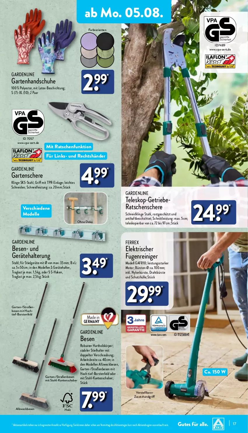 Aktueller Prospekt Aldi Nord - Von Montag - von 05.08 bis 10.08.2024 - strona 17 - produkty: Brei, bürste, bürsten, dell, Draht, eis, elle, ferrex, Garten, Gartenschere, Germ, gin, handschuhe, Holz, LG, Mode, reiniger, Ria, Schere, schuhe, schutzhülle, Teleskop, Ti, weck, ZTE