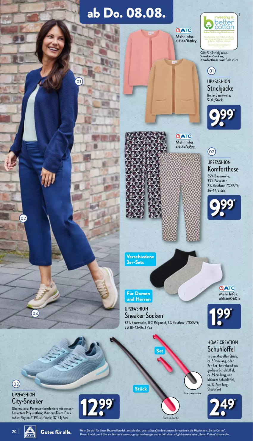 Aktueller Prospekt Aldi Nord - Von Montag - von 05.08 bis 10.08.2024 - strona 20 - produkty: aldi, Bau, baumwolle, bett, dell, eis, elle, hose, Hylo, Jacke, leine, Löffel, Mode, poloshirt, reine baumwolle, Ria, rwe, shirt, sneaker, socken, Strickjacke, Ti, up2fashion, wasser, wolle