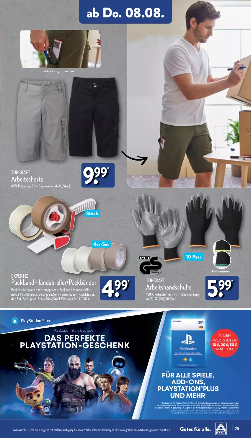 Aktueller Prospekt Aldi Nord - Von Montag - von 05.08 bis 10.08.2024 - strona 25 - produkty: aldi, auto, Bau, baumwolle, braun, buch, ente, erde, expertiz, gin, handschuhe, Laufen, lays, Packband, PlayStation, Ria, Roller, schuhe, shorts, sony, Spiele, Tasche, taschen, Ti, tisch, wolle, ZTE