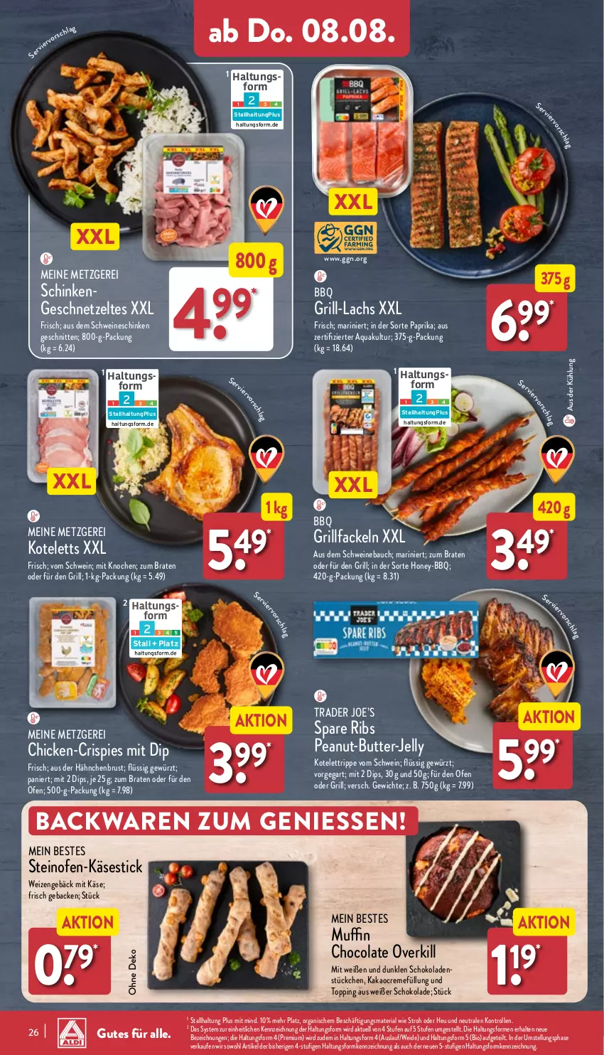 Aktueller Prospekt Aldi Nord - Von Montag - von 05.08 bis 10.08.2024 - strona 26 - produkty: aqua, backwaren, Bau, bio, braten, butter, cola, creme, dip, geback, geschnetzeltes, gewürz, grill, grill-lachs, grillfackeln, hähnchenbrust, Heu, kakao, Käse, kotelett, lachs, Muffin, Ofen, paprika, Ria, schinken, schnitten, schoko, schokolade, schokoladen, schwein, schweine, Schweinebauch, spare ribs, steinofen, Ti, wein, weine, Zelt