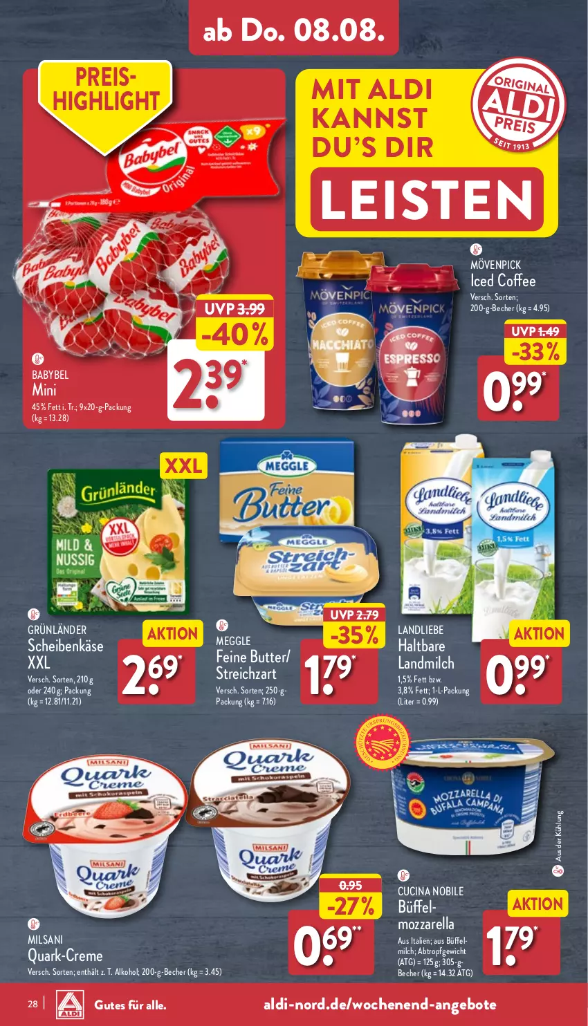 Aktueller Prospekt Aldi Nord - Von Montag - von 05.08 bis 10.08.2024 - strona 28 - produkty: aldi, alkohol, angebot, angebote, babybel, Becher, butter, cin, creme, eis, grünländer, Käse, landliebe, landmilch, meggle, milch, mövenpick, mozzarella, quark, reis, rel, Streichzart, Ti