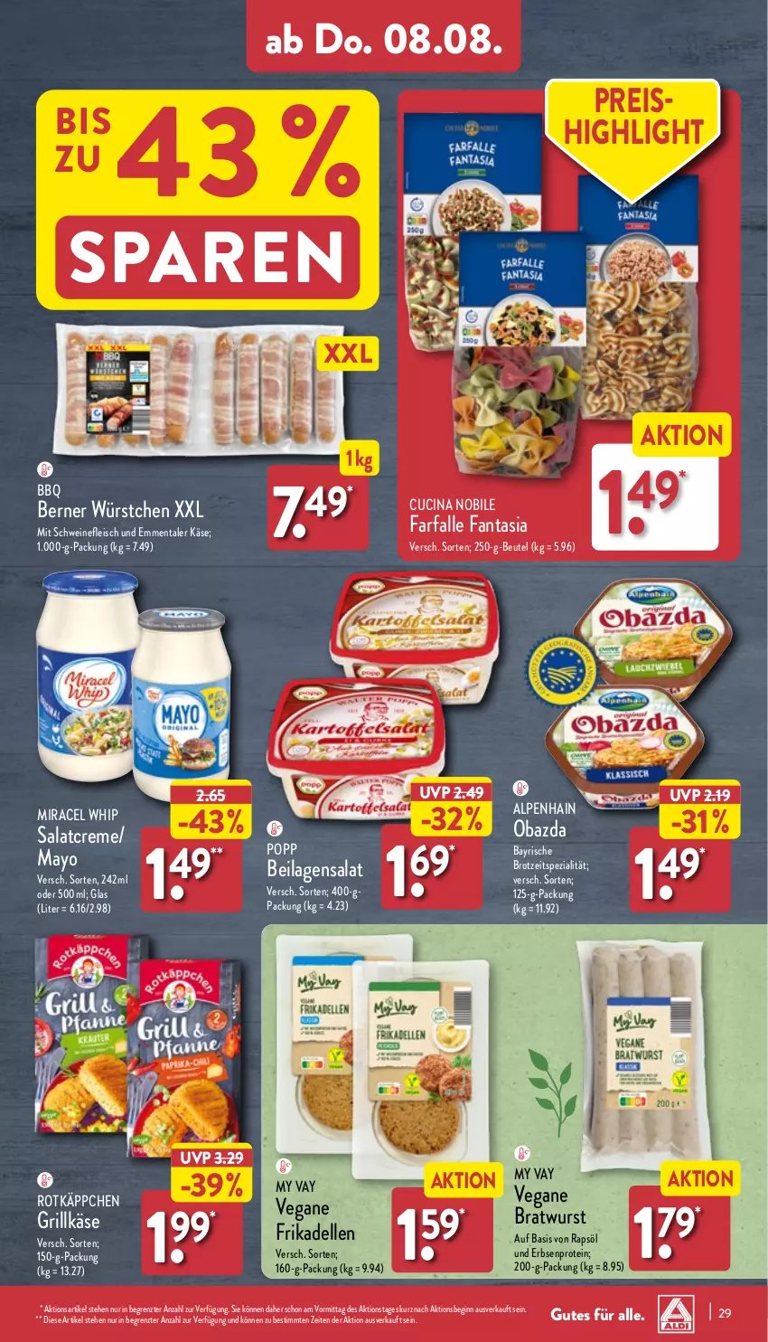 Aktueller Prospekt Aldi Nord - Von Montag - von 05.08 bis 10.08.2024 - strona 29 - produkty: Alpenhain, beutel, bratwurst, brot, cin, creme, dell, eis, elle, emmentaler, erbsen, fanta, farfalle, fleisch, frikadellen, gin, grill, Grillkäse, ilag, Käse, miracel, miracel whip, obazda, Popp, rapsöl, reis, rotkäppchen, salat, salatcreme, schwein, schweine, schweinefleisch, Spezi, Ti, wein, weine, wurst, würstchen, Yo, ZTE