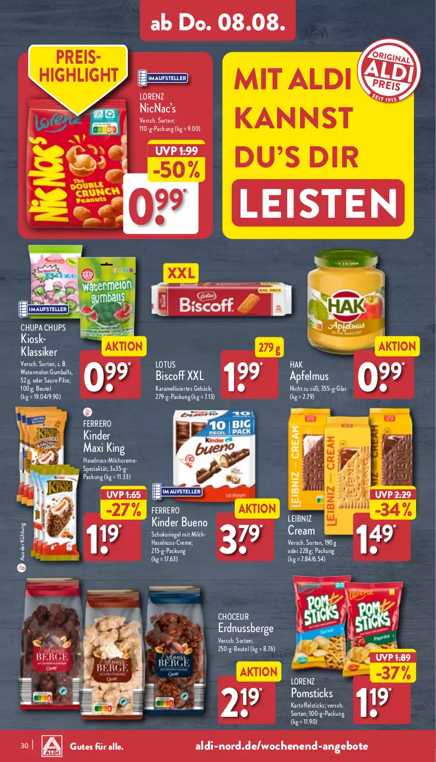 Aktueller Prospekt Aldi Nord - Von Montag - von 05.08 bis 10.08.2024 - strona 30 - produkty: aldi, angebot, angebote, apfel, apfelmus, ball, beutel, biscoff, chupa, chupa chups, creme, eis, elle, erdnuss, ferrero, haselnuss, karamell, kartoffel, Kinder, kinder bueno, Kinder Maxi, kinder maxi king, leibniz, lorenz, milch, nuss, pilze, reis, riegel, schoko, schokoriegel, Spezi, teller, Ti