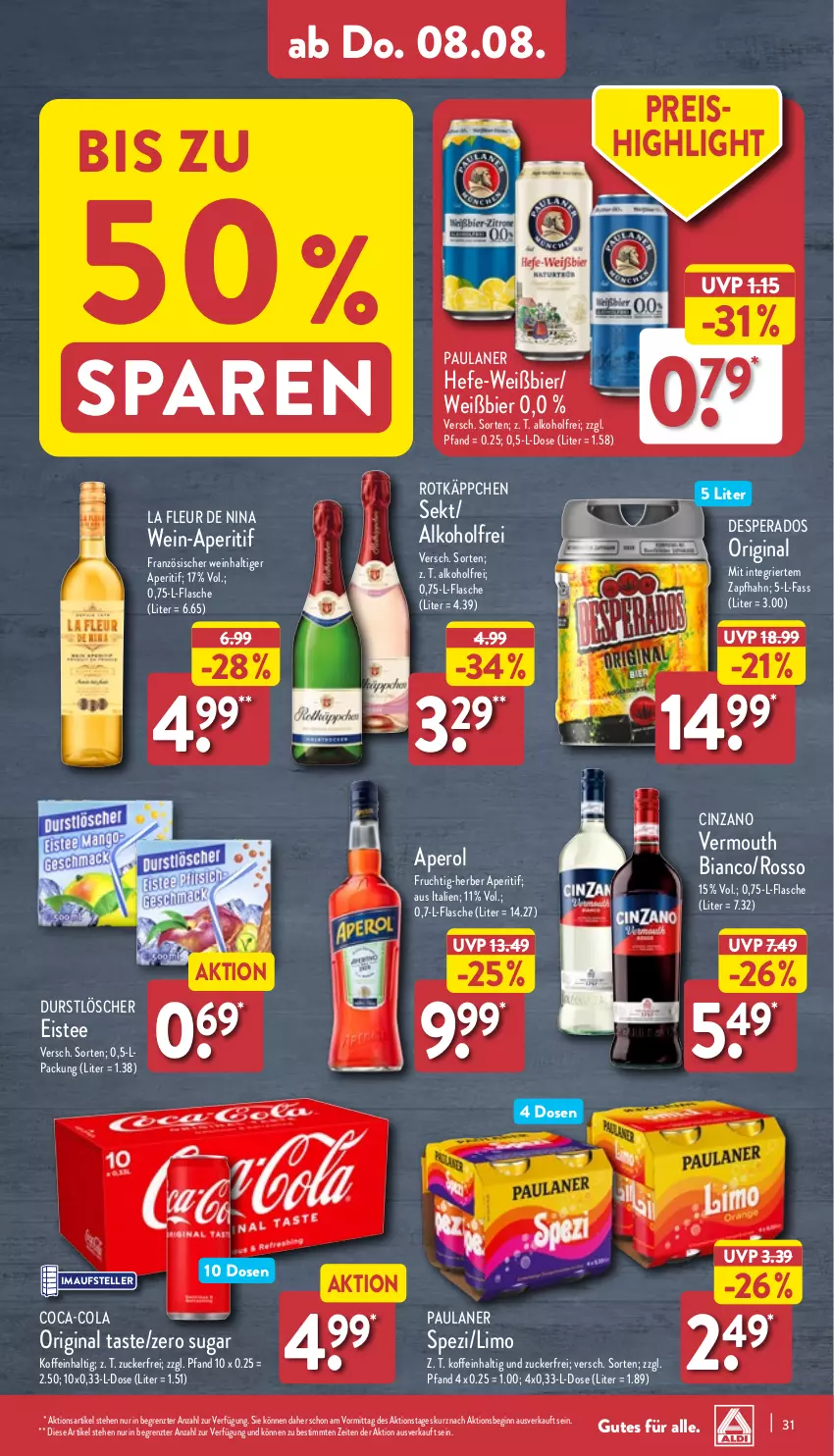 Aktueller Prospekt Aldi Nord - Von Montag - von 05.08 bis 10.08.2024 - strona 31 - produkty: alkohol, aperitif, aperol, bier, cin, cinzano, coca-cola, cola, desperados, durstlöscher, eis, eistee, elle, flasche, frucht, gin, Hefe, limo, Paula, paulaner, reis, rotkäppchen, sekt, Spezi, tee, teller, Ti, Vermouth, wein, ZTE, zucker