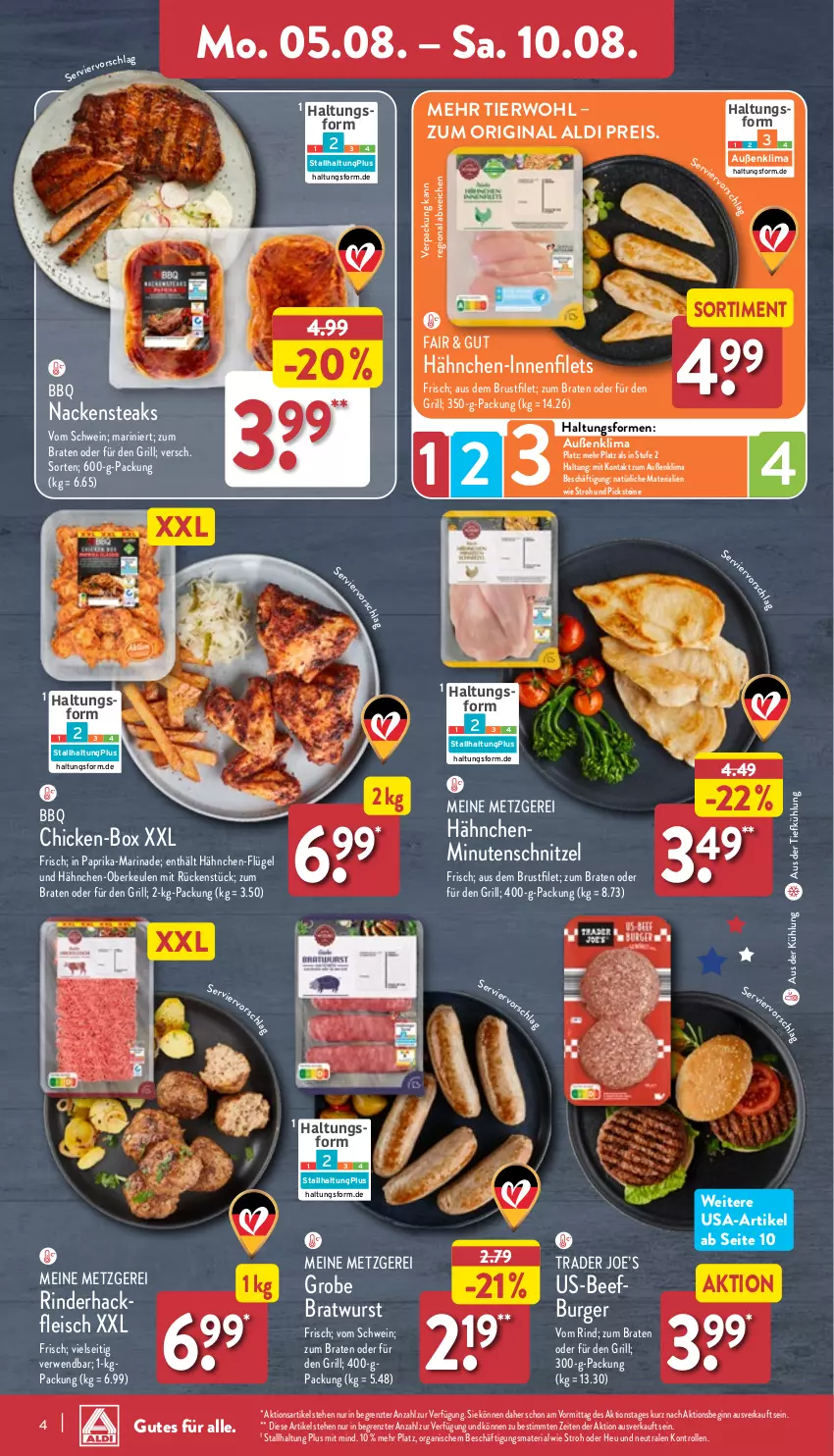 Aktueller Prospekt Aldi Nord - Von Montag - von 05.08 bis 10.08.2024 - strona 4 - produkty: aldi, aus der tiefkühlung, beef, braten, bratwurst, brustfilet, burger, eis, filet, filets, fleisch, gin, grill, grobe bratwurst, hackfleisch, Hähnchen-Innenfilets, Hähnchen-Oberkeulen, Heu, marinade, minutenschnitzel, Nackensteak, nackensteaks, paprika, reis, Ria, rind, rinder, rinderhackfleisch, rwe, schnitzel, schwein, steak, steaks, Ti, wein, wurst, ZTE