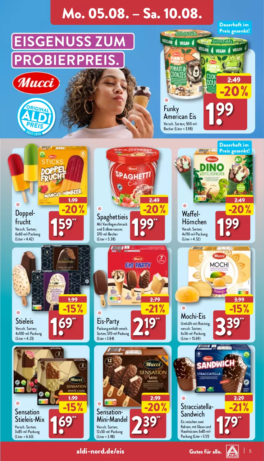 Aktueller Prospekt Aldi Nord - Von Montag - von 05.08 bis 10.08.2024 - strona 5 - produkty: ACC, aldi, auer, Becher, bier, eis, frucht, hörnchen, keks, kekse, mac, mandel, Mochi, nuss, reis, sandwich, sauce, spaghetti, stieleis, Ti, vanille