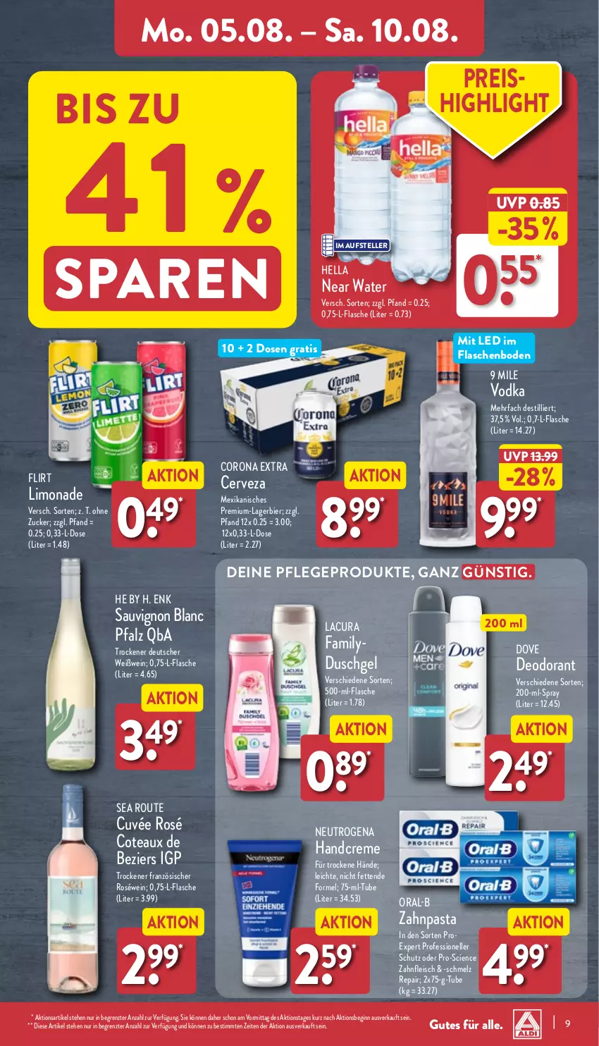 Aktueller Prospekt Aldi Nord - Von Montag - von 05.08 bis 10.08.2024 - strona 9 - produkty: bier, Cien, corona, corona extra, creme, cuvée, deo, deodorant, dove, duschgel, eis, elle, flasche, fleisch, gin, handcreme, hella, Lagerbier, limo, limonade, neutrogena, oral-b, pasta, reis, roséwein, sauvignon, sauvignon blanc, teller, Ti, vodka, wein, Weißwein, zahnpasta, ZTE, zucker