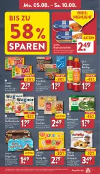 Gazetka promocyjna Aldi Nord - Von Montag - Gazetka - ważna od 10.08 do 10.08.2024 - strona 7 - produkty: almare, Croissant, croissants, eis, eiskonfekt, ferrero, filet, filets, fisch, flasche, gewürz, gewürzketchup, gin, hawesta, Hela, hörnchen, iglo, ketchup, langnese, Makrele, Makrelenfilets, nutella, original wagner, pommes, reis, rel, salat, snack, spinat, thunfisch, Thunfischsalat, Ti, toast, toasty, Waffelhörnchen, wagner, ZTE