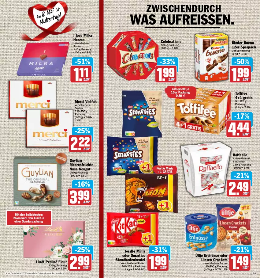 Aktueller Prospekt Aez - Prospekte - von 02.05 bis 07.05.2022 - strona 11 - produkty: beutel, eis, elle, erdnüsse, früchte, Kinder, kinder bueno, kokos, lindt, linsen, mandel, meeresfrüchte, merci, milka, nuss, raffaello, reis, reiss, smarties, Spezi, teller, Ti, toffifee, ültje, ültje erdnüsse