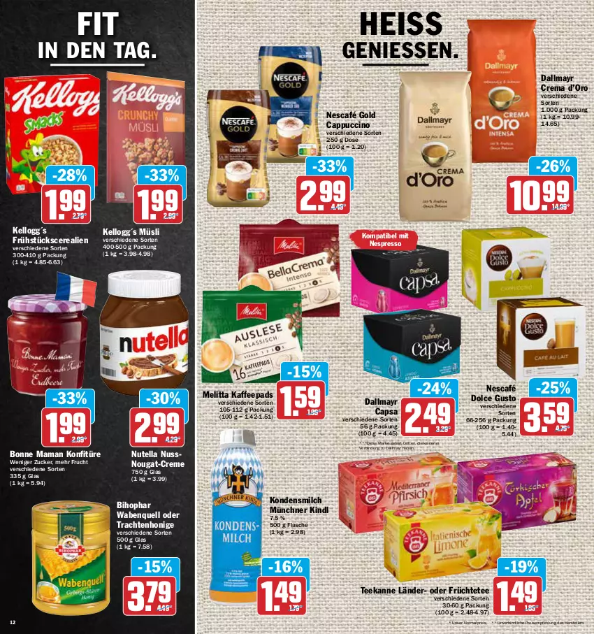 Aktueller Prospekt Aez - Prospekte - von 02.05 bis 07.05.2022 - strona 12 - produkty: bihophar, bonne maman, Cap, cappuccino, cerealien, cin, creme, dallmayr, dallmayr capsa, dolce gusto, eis, elle, espresso, flasche, frucht, früchte, Früchtetee, honig, kaffee, kaffeepads, kondensmilch, konfitüre, mam, melitta, milch, müsli, Nescafé, nescafé gold, nespresso, nuss, nutella, reis, tee, teekanne, teller, Ti, zucker