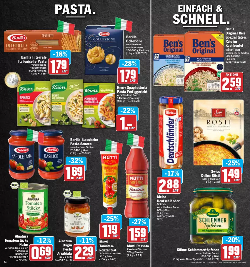 Aktueller Prospekt Aez - Prospekte - von 02.05 bis 07.05.2022 - strona 14 - produkty: barilla, beutel, delice, eis, elle, fertiggericht, flasche, gin, italienische pasta, knorr, kochbeutel, Kühne, meica, Mutti, natur, natura, pasta, pasta-sauce, pesto, reis, Ria, sauce, saucen, schlemmertöpfchen, Spezi, teller, Ti, tomate, tomaten, Tomatenstücke, Töpfchen