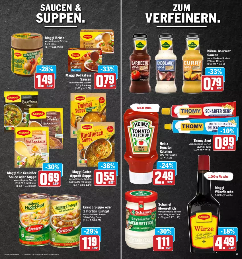 Aktueller Prospekt Aez - Prospekte - von 02.05 bis 07.05.2022 - strona 15 - produkty: beutel, Brühe, delikatess sauce, eintopf, eis, elle, erasco, flasche, heinz, ketchup, Kühne, maggi, meerrettich, reis, Rettich, sauce, saucen, schamel, senf, suppe, suppen, teller, thomy, Ti, tomate, tomaten, tomaten ketchup, topf