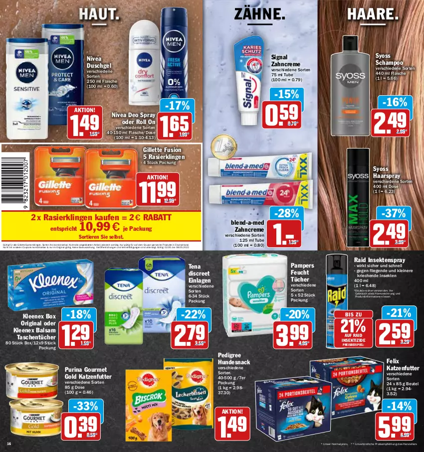 Aktueller Prospekt Aez - Prospekte - von 02.05 bis 07.05.2022 - strona 16 - produkty: balsam, beutel, bio, blend-a-med, coupon, coupons, creme, deo, deo spray, Discreet, duschgel, eis, elle, felix, flasche, gillette, gin, gourmet gold, haarspray, hundesnack, Insektizid, katzenfutter, leine, Liege, nivea, pampers, pedigree, purina, Rasierklinge, rasierklingen, Rauch, reis, rwe, sekt, Signal, snack, syoss, Systemklingen, Tasche, taschen, taschentücher, teller, tender, Ti, Tiere, tücher, Yo, zahncreme