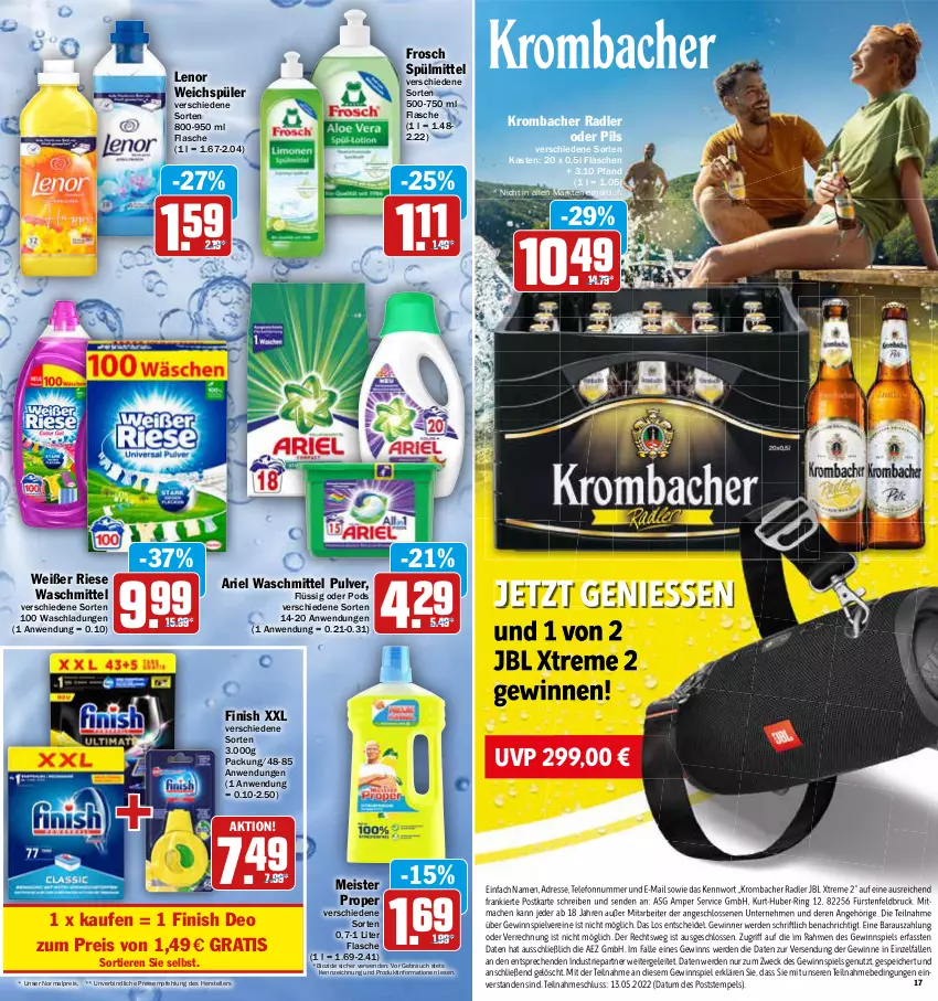 Aktueller Prospekt Aez - Prospekte - von 02.05 bis 07.05.2022 - strona 17 - produkty: AEZ, ariel, ariel waschmittel, bio, deo, eis, elle, erde, Finish, flasche, Frosch, gewinnspiel, jbl, krombache, krombacher, lenor, lenor weichspüler, mac, Meister, meister proper, pils, Pods, radler, Rauch, reis, ring, rwe, spülmittel, telefon, teller, Ti, Tiere, waschmittel, weck, weichspüler