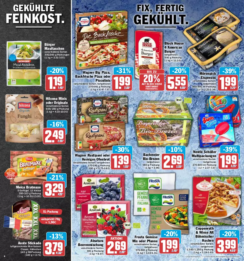 Aktueller Prospekt Aez - Prospekte - von 02.05 bis 07.05.2022 - strona 6 - produkty: aoste stickado, aus dem kühlregal, axe, beere, beeren, bio, bratmaxe, brot, burger, coppenrath, eier, eis, elle, feinkost, frosta, Geflügel, Gemüse Mix, gin, hilcona, kuchen, kühlregal, leine, maultaschen, meica, Mini-Salami, mövenpick, mövenpick eis, natur, natura, nestlé, nestlé schöller, nuss, oder piccolinis, Ofen, pfanne, piccolinis, pizza, regal, reis, rustipani, salami, Schöller, stickado, Tasche, taschen, teller, tender, Ti, wagner