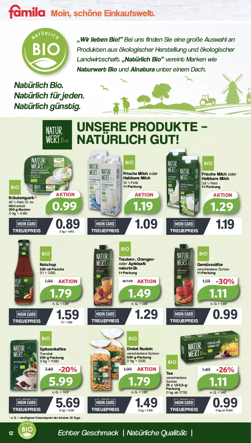 Aktueller Prospekt Famila - Prospekte - von 20.02 bis 25.02.2023 - strona 12 - produkty: apfel, apfelsaft, Becher, bio, eis, flasche, frische milch, haltbare milch, kaffee, ketchup, kräuter, mac, milch, natur, natura, nudel, nudeln, orange, orangen, quark, reis, rwe, saft, säfte, tee, Ti, trauben, ZTE