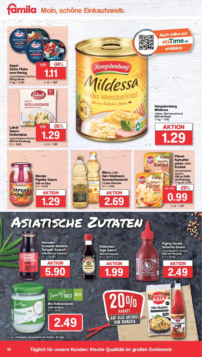 Aktueller Prospekt Famila - Prospekte - von 20.02 bis 25.02.2023 - strona 14 - produkty: auer, bio, blume, blumen, blumenöl, Bona, eis, elle, erde, filet, filets, flasche, hengstenberg, hering, hollandaise, kartoffel, Kartoffelpüree, kikkoman, Knödel, kokos, kokosnuss, Kokosnussöl, Kraut, lukull, nuss, paprika, pfanni, püree, reis, ring, sauce, sauce hollandaise, Sauerkraut, soja, sonnenblume, sonnenblumen, sonnenblumenöl, Sriracha, Ti, tisch, wein, Weinsauerkraut, ZTE