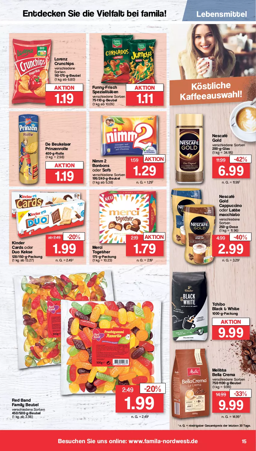 Aktueller Prospekt Famila - Prospekte - von 20.02 bis 25.02.2023 - strona 15 - produkty: ACC, bella crema, beutel, bonbons, Cap, cappuccino, chia, chips, cin, crunchips, de beukelaer, decke, eis, funny-frisch, kaffee, keks, kekse, Kinder, lack, latte, latte macchiato, lebensmittel, lorenz, lorenz crunchips, mac, macchiato, melitta, merci, Nescafé, nescafé gold, Nimm 2, prinzenrolle, reis, Spezi, Tchibo, Ti, ZTE