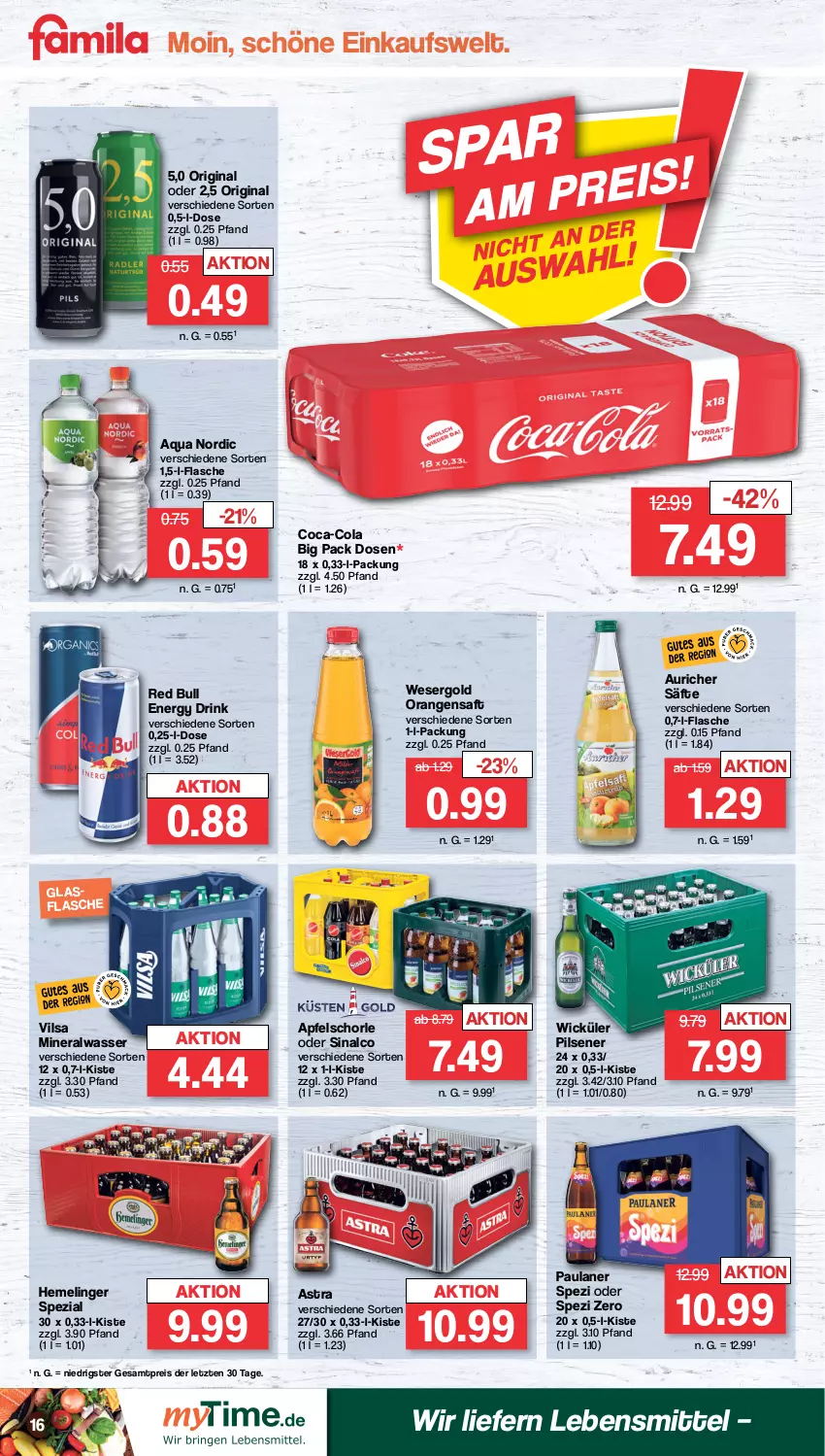 Aktueller Prospekt Famila - Prospekte - von 20.02 bis 25.02.2023 - strona 16 - produkty: Alwa, apfel, Apfelschorle, aqua, Astra, coca-cola, cola, drink, eis, energy drink, flasche, gin, glasflasche, Hemelinger, lebensmittel, mineralwasser, orange, orangen, orangensaft, Paula, paulaner, pils, pilsener, red bull, reis, saft, säfte, schorle, sinalco, Spezi, Ti, vilsa, wasser, WICK, ZTE