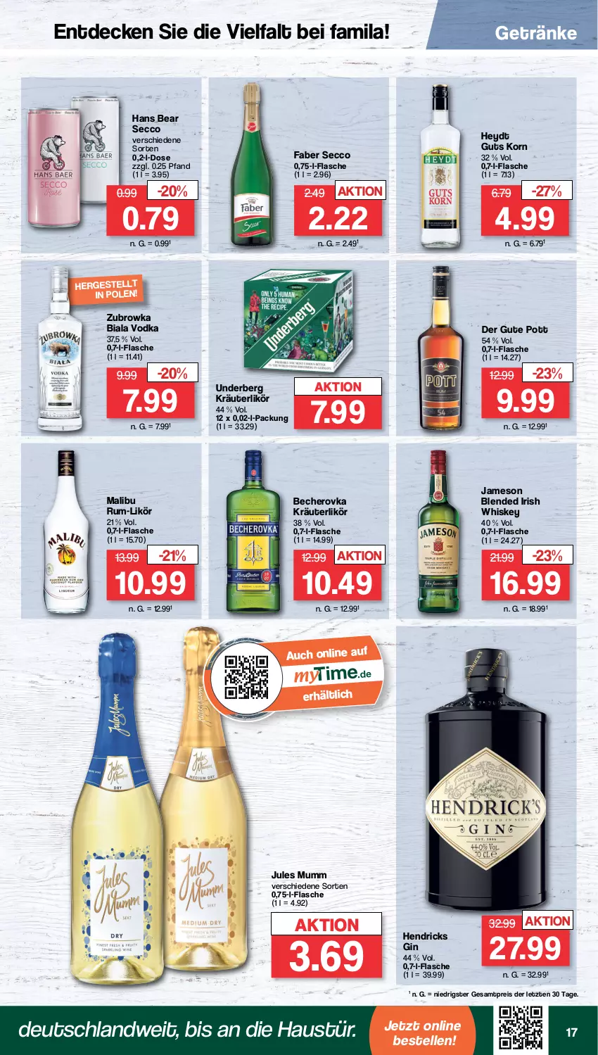 Aktueller Prospekt Famila - Prospekte - von 20.02 bis 25.02.2023 - strona 17 - produkty: aust, Becher, Becherovka, decke, ecco, eis, elle, flasche, getränk, getränke, gin, hero, irish whiskey, jameson, jules mumm, korn, kräuter, kräuterlikör, likör, Malibu, mumm, reis, rum, Ti, underberg, vodka, whiskey, ZTE