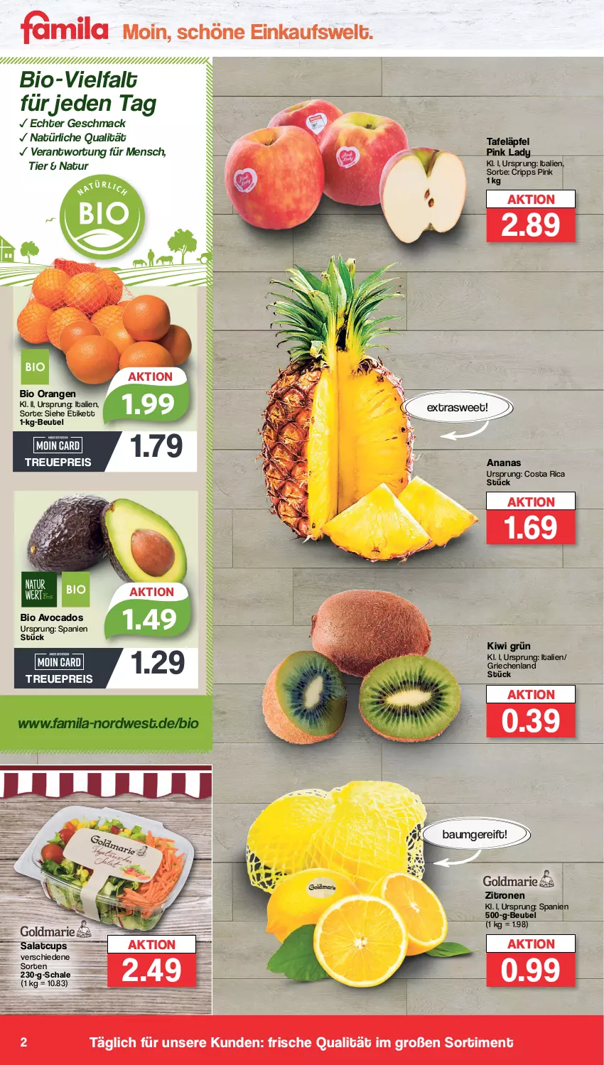 Aktueller Prospekt Famila - Prospekte - von 20.02 bis 25.02.2023 - strona 2 - produkty: ananas, avocado, avocados, Bau, beutel, bio, eis, kiwi, mac, natur, orange, orangen, Pink Lady, reis, salat, Schal, Schale, tafeläpfel, Ti, zitrone, zitronen