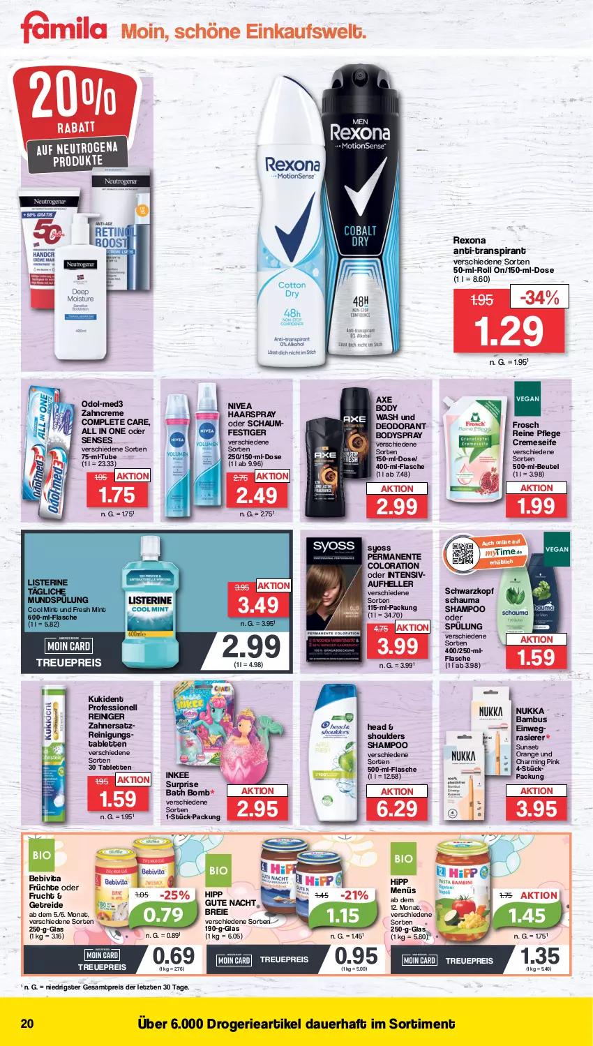 Aktueller Prospekt Famila - Prospekte - von 20.02 bis 25.02.2023 - strona 20 - produkty: auer, axe, bambus, bebivita, beutel, body, bodyspray, Brei, creme, cremeseife, deo, deodorant, eis, elle, ente, flasche, Frosch, frucht, früchte, haarspray, hipp, Kukident, listerine, mint, mundspülung, neutrogena, nivea, nuk, oder schaumfestiger, Odol, orange, rasierer, reiniger, Reinigung, reis, rexona, schauma, schauma shampoo, schaumfestiger, schwarzkop, schwarzkopf, Seife, shampoo, shampoo oder spülung, spülung, syoss, tablet, tablett, Tablette, Ti, vita, Yo, zahncreme, ZTE