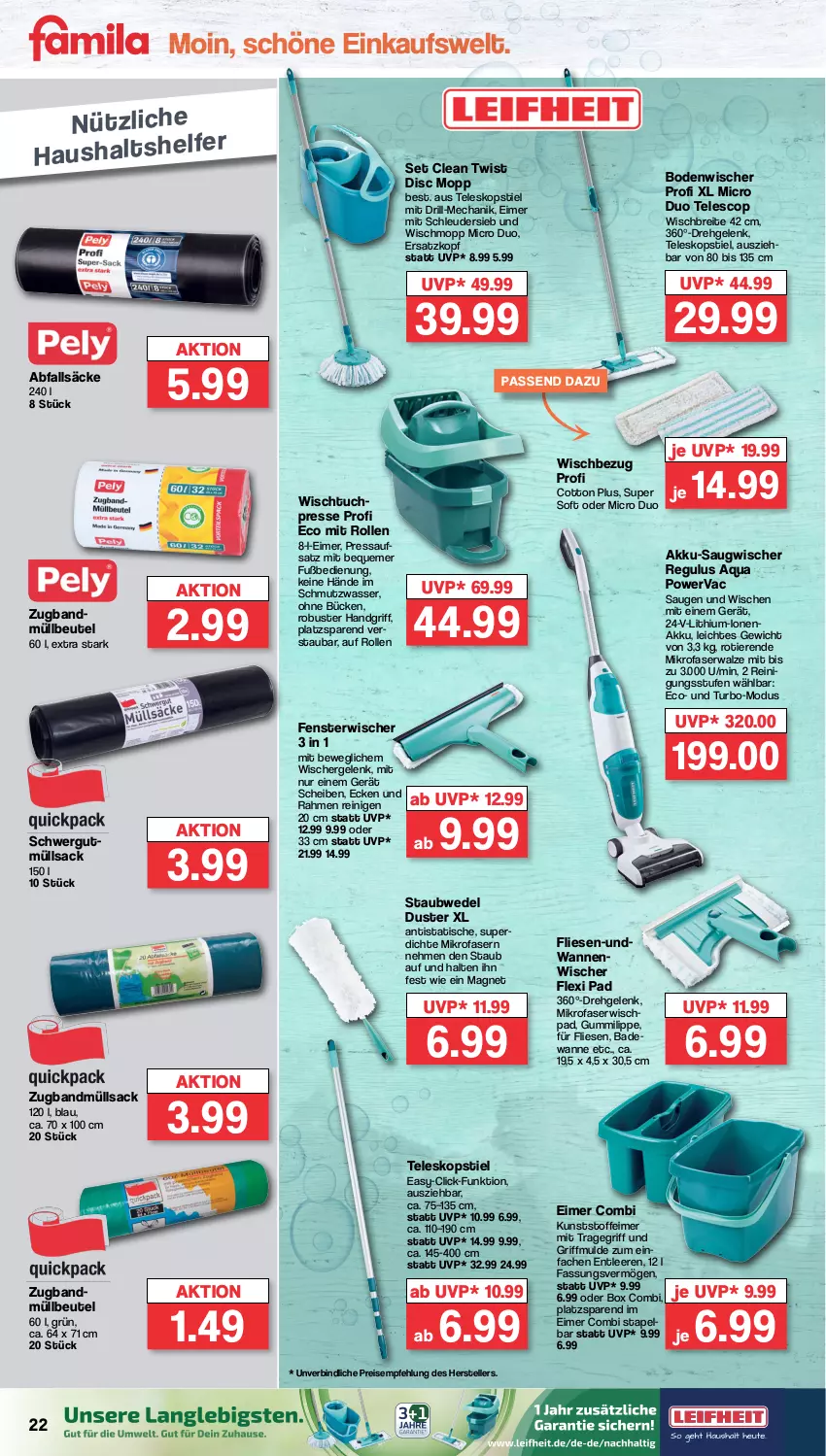 Aktueller Prospekt Famila - Prospekte - von 20.02 bis 25.02.2023 - strona 22 - produkty: akku, aqua, Bad, Badewanne, beutel, bodenwischer, Brei, eimer, eis, elle, fenster, HP, mikrofaser, müllbeutel, Reinigung, reis, sac, staubwedel, Teleskop, teleskopstiel, teller, Ti, Tiere, tisch, tragegriff, tuc, Wanne, wasser, wedel, Wischmopp