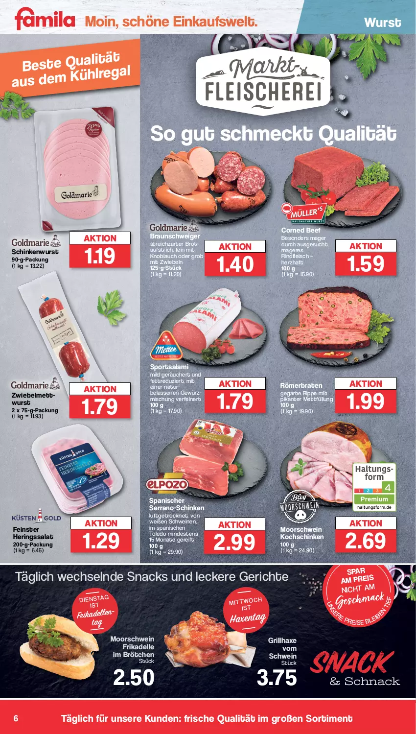 Aktueller Prospekt Famila - Prospekte - von 20.02 bis 25.02.2023 - strona 6 - produkty: aufstrich, axe, beef, braten, braun, brot, brötchen, corned beef, dell, eis, elle, fleisch, frikadellen, gewürz, grill, grillhaxe, Haxe, hering, Herings, knoblauch, kochschinken, mac, Mett, mettwurst, mit knoblauch, mit zwiebeln, natur, regal, reis, rind, rindfleisch, ring, salami, salat, schinken, schinkenwurst, schwein, schweine, serrano, snack, snacks, Sport, Streichzart, Ti, wein, weine, wurst, zwiebel, zwiebelmettwurst, zwiebeln