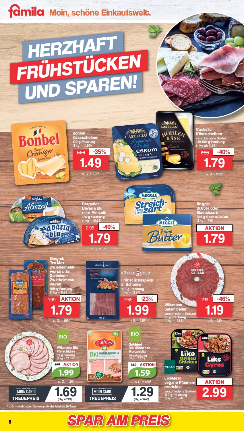 Aktueller Prospekt Famila - Prospekte - von 20.02 bis 25.02.2023 - strona 8 - produkty: bavaria blu, Becher, bergader, bio, bonbel, butter, dell, eis, elle, fleisch, fleischkäse, Frühstücksspeck, gutfried, Käse, käsescheiben, meggle, Mett, mettwurst, mortadella, pfanne, pfannen, reis, Ria, salami, schinken, Speck, Streichzart, teller, Ti, wiltmann, wurst, ZTE, zwiebel, zwiebelmettwurst