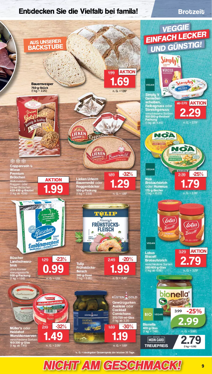 Aktueller Prospekt Famila - Prospekte - von 20.02 bis 25.02.2023 - strona 9 - produkty: auer, aufstrich, Bau, Bauer, Becher, beutel, bio, biscoff, brot, brotaufstrich, brötchen, cocktail, coppenrath, decke, eis, fleisch, frühstücksfleisch, gewürz, Gewürzgurke, gewürzgurken, gurke, gurken, hummus, Konserven, korn, lieken, mac, Meister, Müller, nuss, reis, Schwarzbrot, sim, stube, Ti, tulip, urkorn, veggie, wurst, wurstkonserven, ZTE