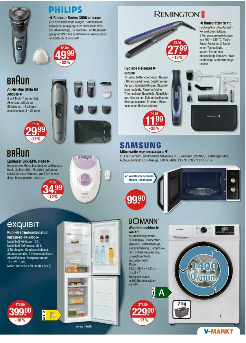 Aktueller Prospekt Vmarkt - Prospekte - von 21.08 bis 27.08.2025 - strona 17 - produkty: abtauautomatik, akku, auto, batterie, braun, edelstahl, eis, Elektro, elle, garraum, gefrierkombination, haarglätter, HP, Kinder, latte, leine, mikrowelle, Nagelfeile, Philips, Pinsel, Pinzette, rasierer, Rauch, Reinigung, reis, Reiseset, remington, Samsung, Schal, Schere, Tasche, Ti, waschmaschine