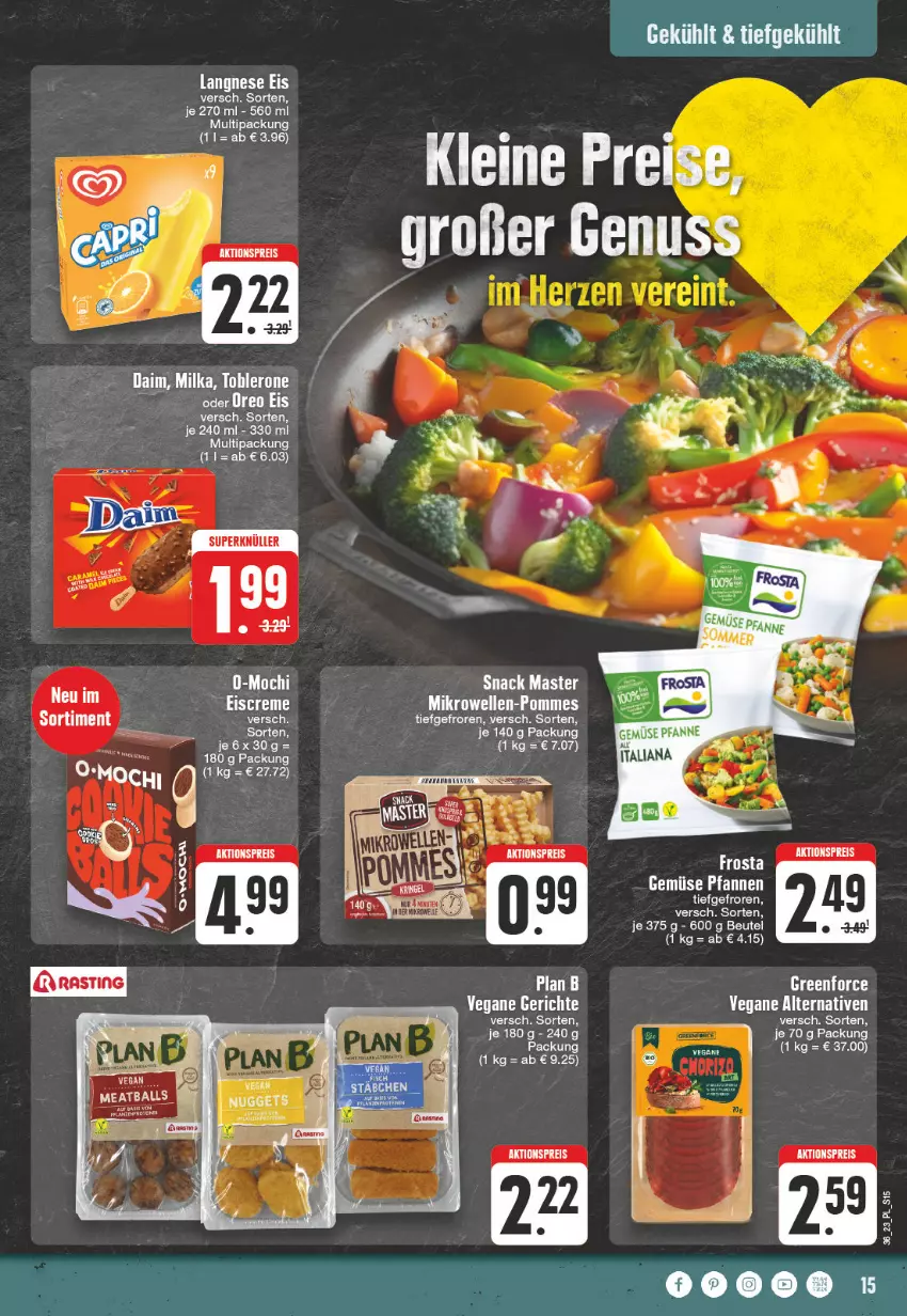 Aktueller Prospekt E Center - Angebote der Woche - von 28.08 bis 02.09.2023 - strona 15 - produkty: aktionspreis, beutel, creme, daim, eis, eiscreme, frosta, langnese, langnese eis, milka, Mochi, reis, snack, Ti, toblerone