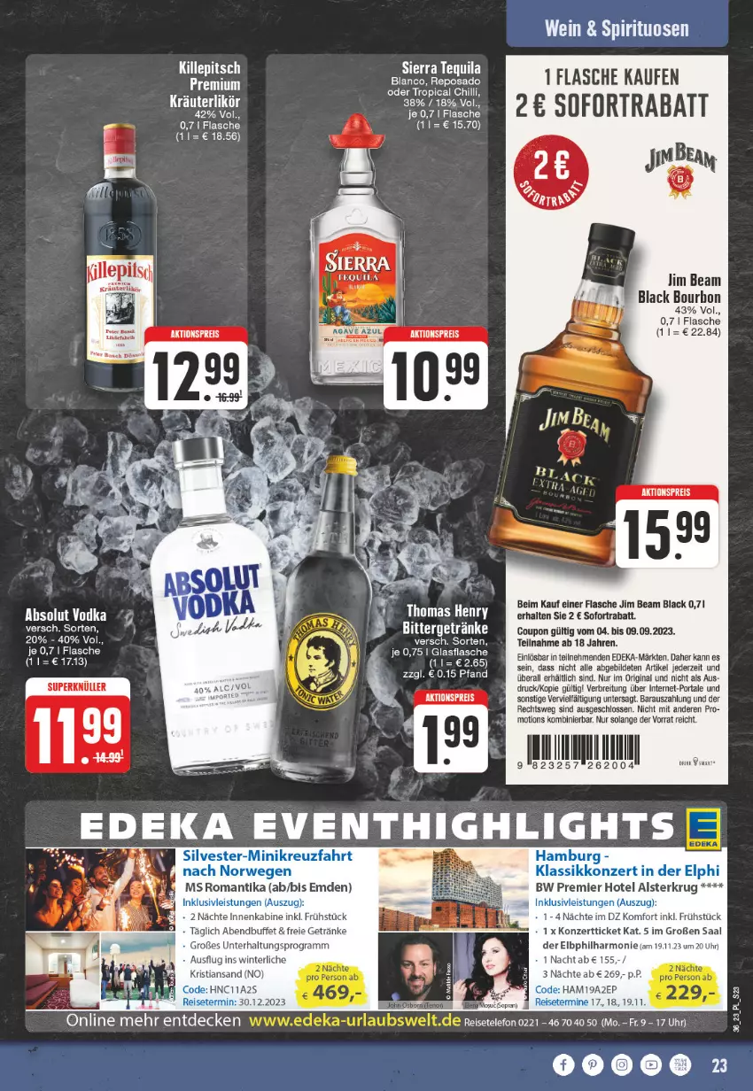 Aktueller Prospekt E Center - Angebote der Woche - von 28.08 bis 02.09.2023 - strona 23 - produkty: Absolut Vodka, aktionspreis, bourbon, Brei, coupon, decke, deka, eis, flasche, getränk, getränke, gin, inklusivleistungen, jim beam, lack, reis, Sierra, sierra tequila, sofortrabatt, telefon, tequila, thomas henry, Ti, uhr, vodka