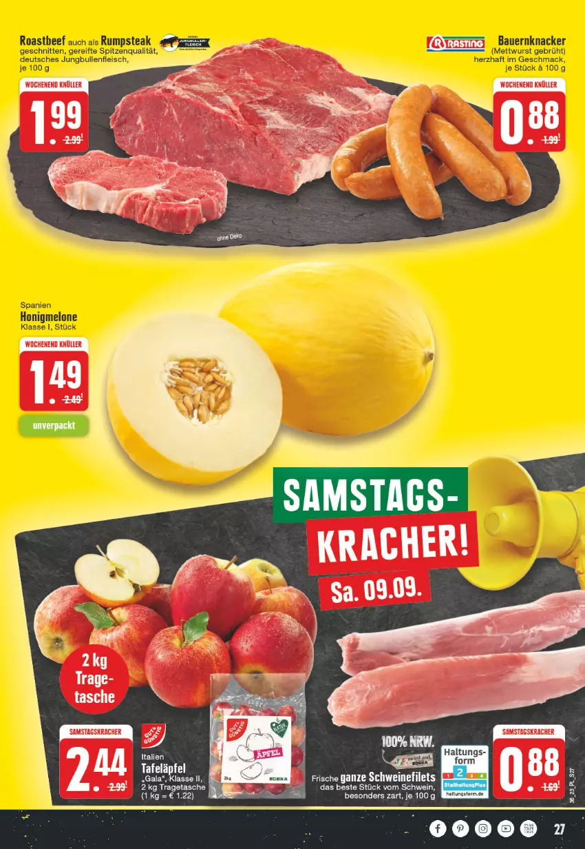 Aktueller Prospekt E Center - Angebote der Woche - von 28.08 bis 02.09.2023 - strona 27 - produkty: auer, Bau, Bauer, eis, fleisch, honig, honigmelone, jungbullen, knacker, kracher, mac, melone, Mett, mettwurst, Rana, rum, rumpsteak, schnitten, spitzenqualität, steak, wurst