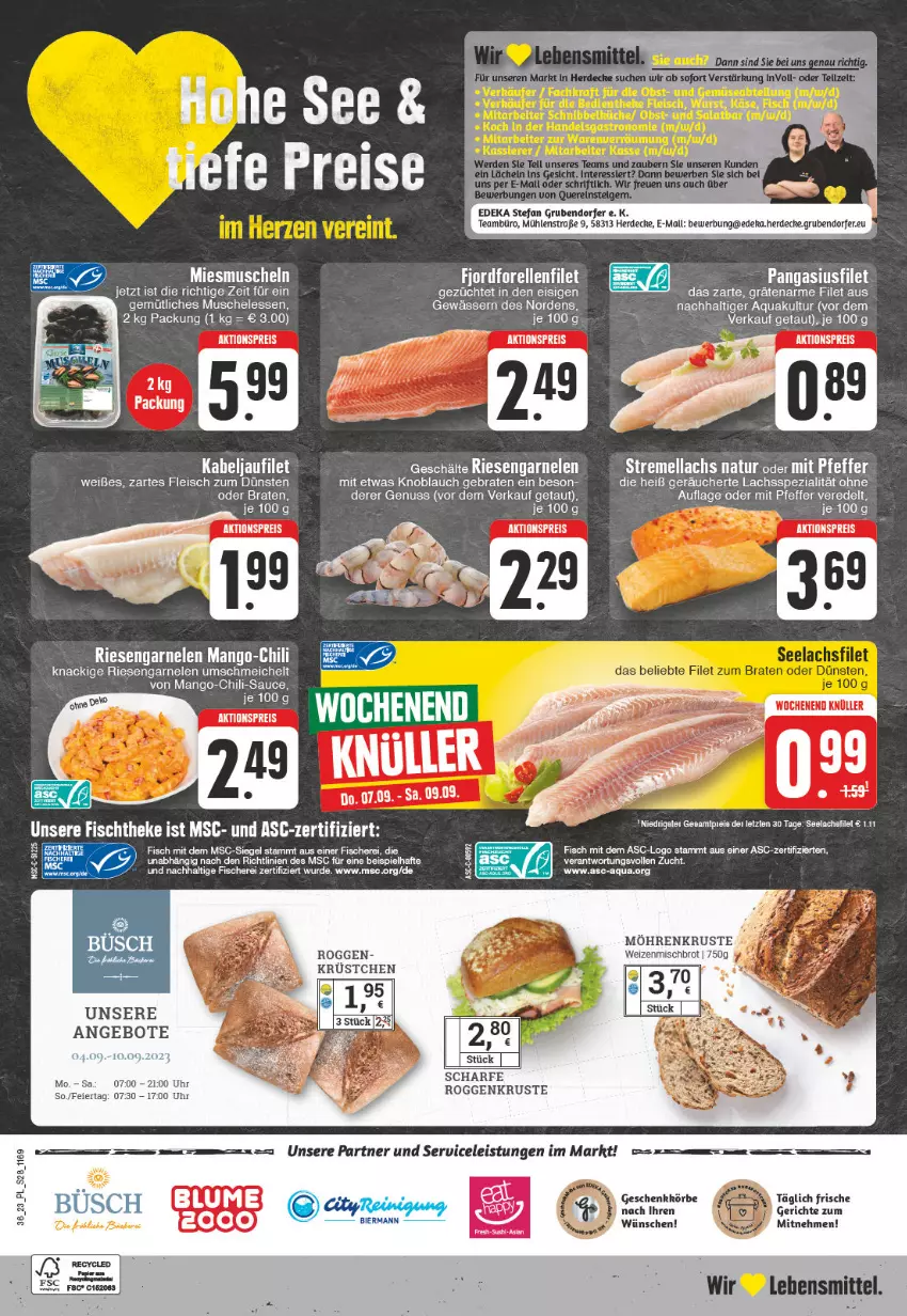 Aktueller Prospekt E Center - Angebote der Woche - von 28.08 bis 02.09.2023 - strona 28 - produkty: aktionspreis, angebot, angebote, aqua, bier, blume, braten, chili, eier, eis, elle, erde, filet, fisch, fische, Fischer, fischtheke, fleisch, garnelen, kabeljaufilet, knoblauch, lachs, lachsfilet, mango, Muscheln, natur, nuss, Pangasius, pfeffer, reis, riesengarnelen, sauce, Schere, seelachsfilet, Spezi, Ti, uhr, ZTE