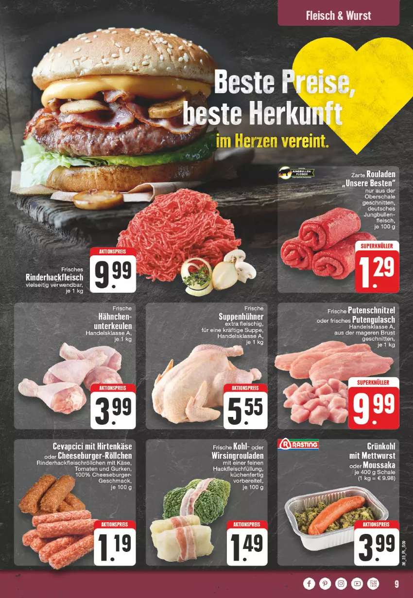 Aktueller Prospekt E Center - Angebote der Woche - von 28.08 bis 02.09.2023 - strona 9 - produkty: aktionspreis, asti, burger, cevapcici, eis, fleisch, gulasch, gurke, gurken, hackfleisch, hirtenkäse, jungbullen, Käse, küche, Küchen, mac, Moussaka, pute, putenschnitzel, reis, rind, rinder, rinderhackfleisch, rouladen, rwe, Schal, Schale, schnitten, schnitzel, suppe, Ti, tomate, tomaten, Wirsing, wurst