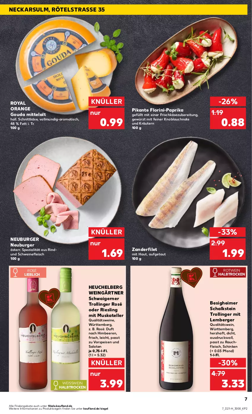 Aktueller Prospekt Kaufland - Extra-Angebote - von 23.05 bis 29.05.2024 - strona 7 - produkty: angebot, angebote, beere, beeren, Berger, burger, eimer, eis, elle, filet, fleisch, frischkäse, frischkäsezubereitung, gewürz, gouda, Heu, himbeer, himbeere, himbeeren, Käse, knoblauch, kräuter, kräutern, Neuburger, orange, paprika, qualitätswein, qualitätsweine, Rauch, riesling, rind, rotwein, salat, salate, Schal, schinken, schnittkäse, schwein, schweine, schweinefleisch, Spezi, teller, Ti, tisch, trolli, trollinger, vorspeise, wein, weine, Zander