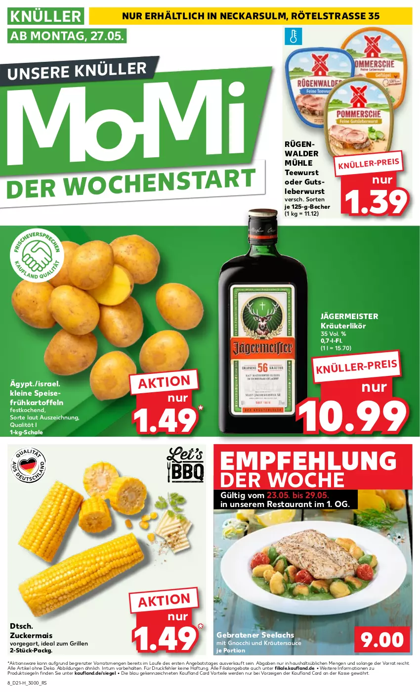 Aktueller Prospekt Kaufland - Extra-Angebote - von 23.05 bis 29.05.2024 - strona 8 - produkty: angebot, angebote, Becher, braten, eis, erde, Frühkartoffeln, Germ, gnocchi, grill, gutsleberwurst, ideal zum grillen, jägermeister, kartoffel, kartoffeln, kräuter, kräuterlikör, lachs, leberwurst, leine, likör, mais, Meister, rügenwalder, rügenwalder mühle, sauce, Schal, Schale, speisefrühkartoffeln, tee, teewurst, Ti, wurst, ZTE, zucker, zuckermais