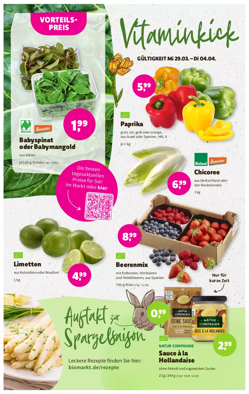 Aktueller Prospekt Denns Biomarkt - Prospekte - von 29.03 bis 11.04.2023 - strona 2 - produkty: Babyspinat, beere, beeren, bio, eis, elle, erdbeere, erdbeeren, heidelbeere, heidelbeeren, himbeer, himbeere, himbeeren, hollandaise, limette, limetten, mango, Mett, metten, natur, ohne palmöl, orange, paprika, reis, rezept, rezepte, sauce, Schal, Schale, spargel, spinat, Ti, vita, vorteilspreis, ZTE, zucker